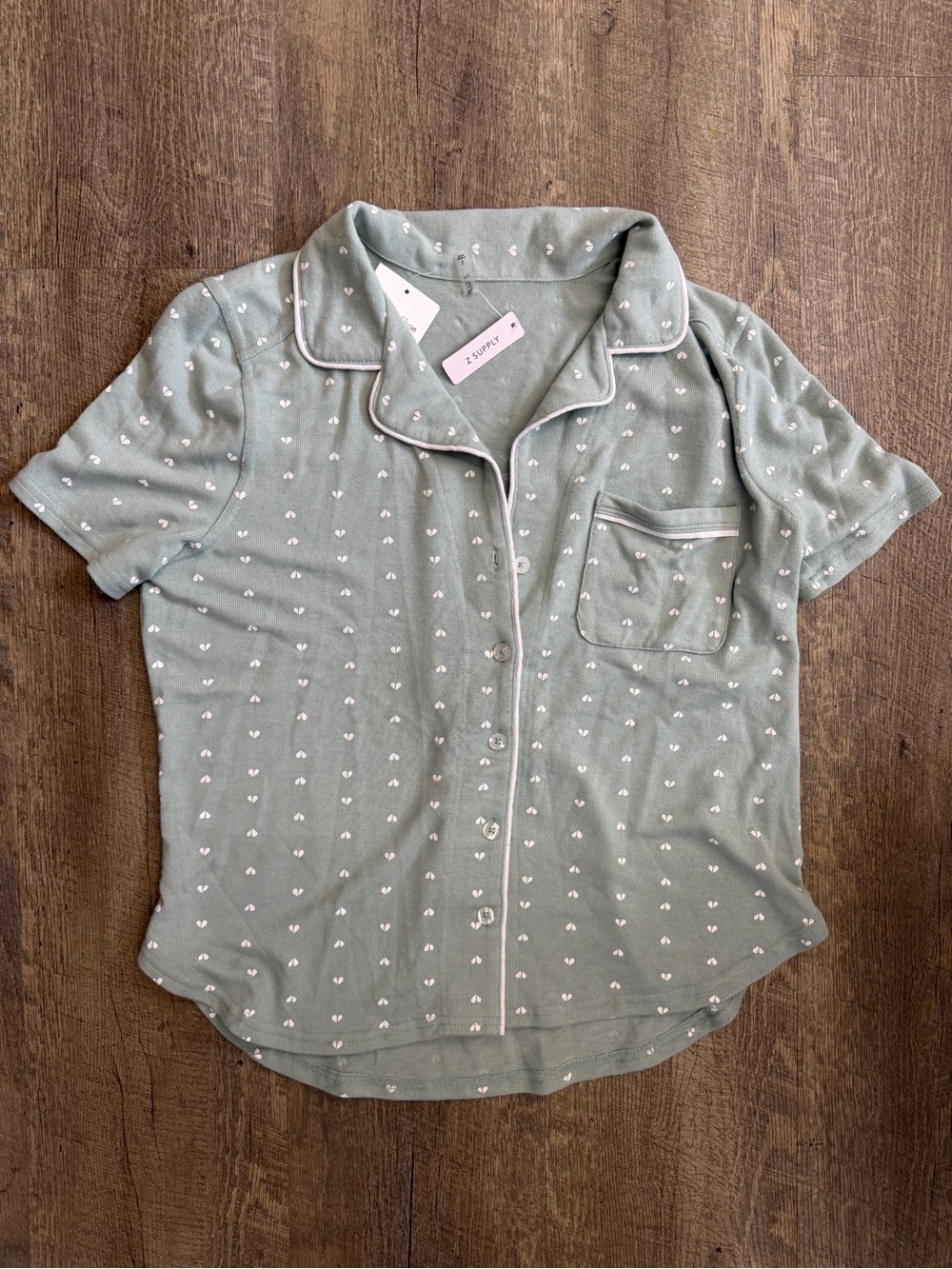 Z Supply Sage Green Heart-Print Short Sleeve Button Pajama Top